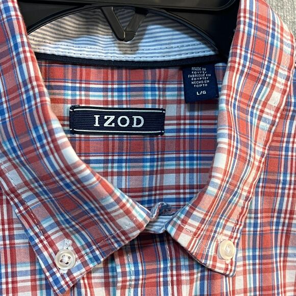 IZOD Men’s Dress Shirt LG Multi color checked Blue, White, Red, Plaid Dress Work - Picture 2 of 8